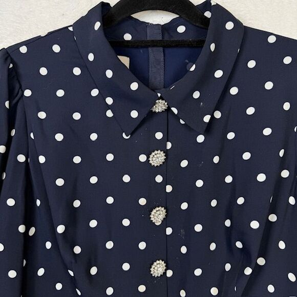 HOBBS London Ayla Spot Fit & Flare Navy Polka Dot Dress Crystal Button Size 10 - Picture 3 of 16